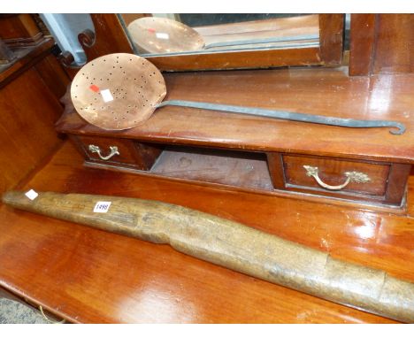 A VINTAGE OAK YOKE AND A SKIMMER PAN.