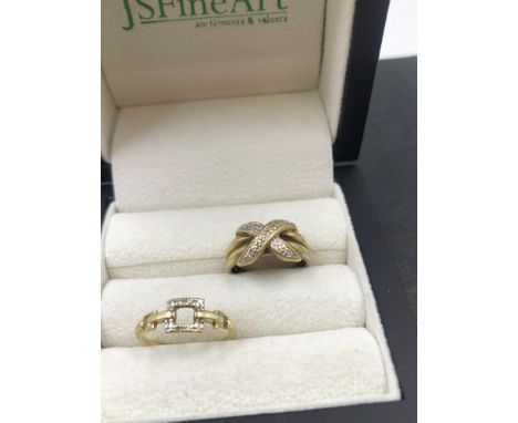 TWO 9ct HALLMARKED GOLD RINGS, TO INCLUDE A CROSSOVER DIAMOND SET BAND AND A FURTHER STONE SET RING. FINGER SIZE K AND N. GRO