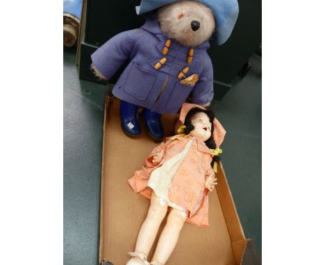 A VINTAGE DOLL AND PADDINGTON BEAR.