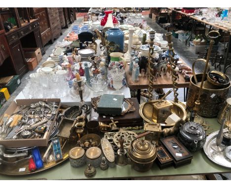 ELECTROPLATE CUTLERY, CLOCKS,  BRASS WARE TO INCLUDE CANDLESTICKS, AS DOOR STOP, KETTLE, ETC.