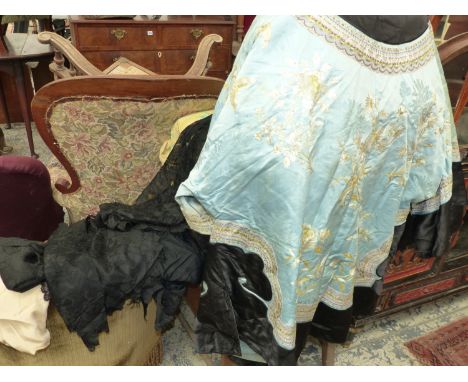 AN ORIENTAL SILK EMBROIDERED JACKET, LACE SHAWLS ETC. 