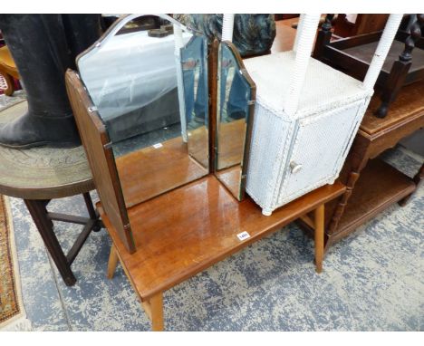 AN ERCOL TYPE COFFEE TABLE, A MIRROR AND A BEDISDE TABLE. 