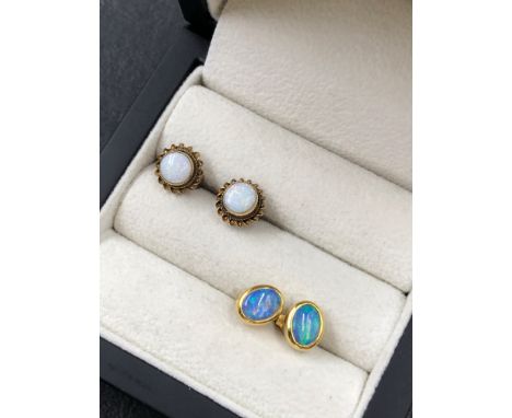 A PAIR OF 18ct HALLMARKED GOLD OPAL STUD EARRINGS AND A SIMILAR PAIR IN 9ct GOLD. 