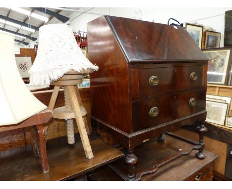 A SMALL MAHOGANY BUREAU, A OAK COFFEE TABLE, A STOOL, LAMP ETC.