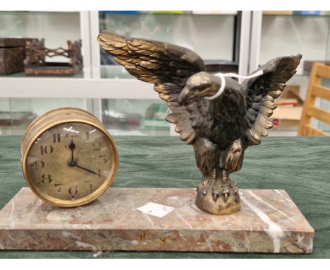FRENCH ART DECO EAGLE CLKOCK WITH ENGINE TURNED FACE DECORATION ON ED MARBLE BASE AND GLIDED SPELTER EAGLE 20CM WIDE