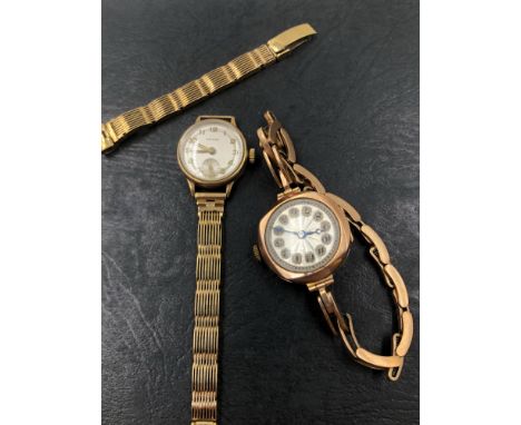 HALLMARKED 9ct GOLD WATCHES TO INCLUDE A  GRIFFON MANUAL WOULD LADIES WRIST WATCH ON A SOLID GOLD GATE STYLE STRAP. WEIGHT 24