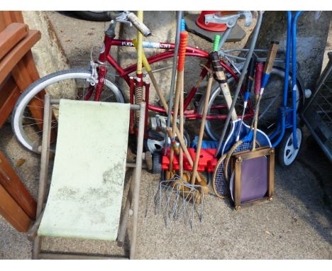 A VINTAGE CHILDS BICYCLE, A SCOOTER, VINTAGE TENNIS RACKETS ETC.