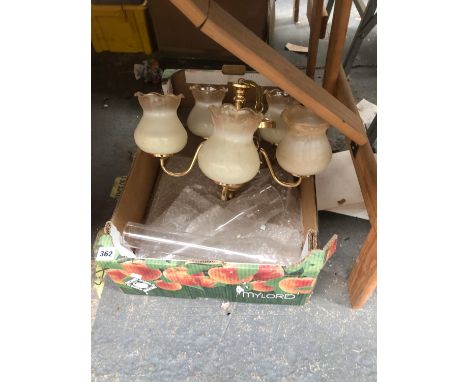A BRASS CHANDELIER WITH FIVE GLASS SHADES TOGETHER WITH TWO OIL LAMP STORM SHADES