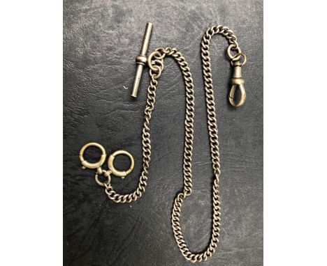 A VINTAGE DOUBLE ALBERT WATCH CHAIN COMPLETE WITH T-BAR, CLASPS POSSIBLY CONTINENEL LOW GRADE. THE T-BAR WITH SIGNATURE AND P