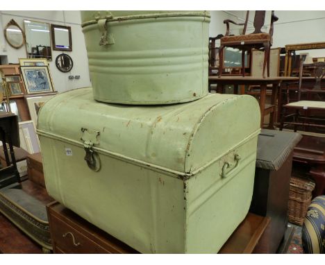 A TIN HAT BOX AND A TRUNK. 