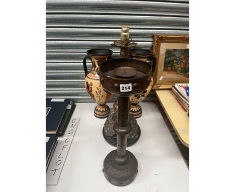 A PAIR OF TWO HANDLED VASES IN ANCIENT GREEK TASTE, A COPPER PRICKET CANDLESTICK AND GILT METAL TABLE LAMP