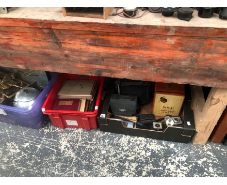 CAMERAS, BOOKS, BRASS WARE, BINOCULARS, A KETTLE, ETC.