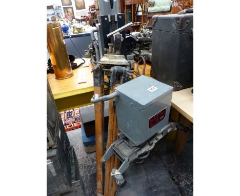 A VINTAGE PHOTOGRAPHIC ENLARGER TOGETHER WITH A WOODEN AND ALLOY TRIPOD.