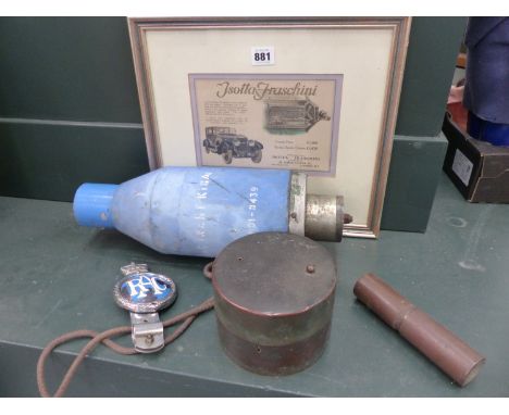 A VINTAGE MILITARY DUMMY AIR CRAFT BOMB, TWO BRASS BOXES, A RAC BADGE AND A MOTORING PRINT.