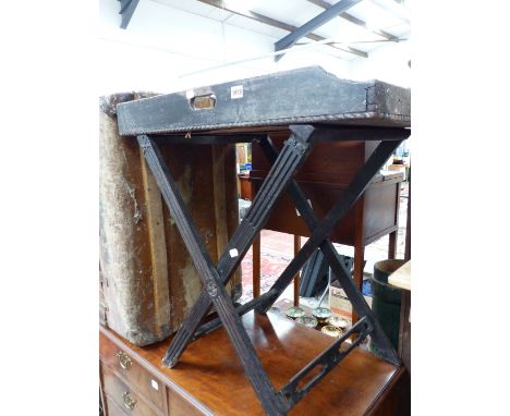 A VICTORIAN BUTLERS TRAY ON STAND AND A CABIN TRUNK. 