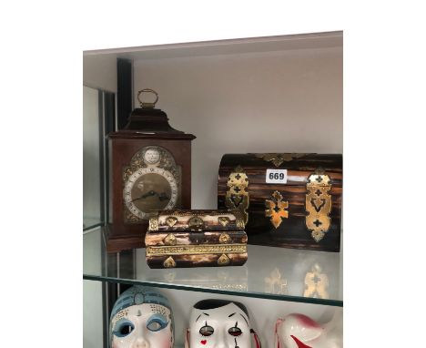 AN ENGLISH PLATFORM ESCAPEMENT MANTEL CLOCK IN A MAHOGANY CASE, A HORN BOX AND A BRASS MOUNTED CALAMANDER STATIONERY BOX