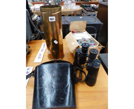 A VINTAGE BRASS LARGE SHELL CASE, A PAIR BINOCULARS AND A AMMETER
