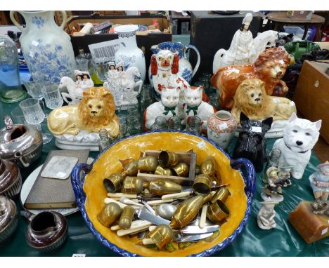 VARIOUS ANTIQUE AND LATER STAFFORDSHIRE FIGURES, A LARGE TABLE LAMP, ORNAMENTAL CHINA WARES, CUTLERY ETC.