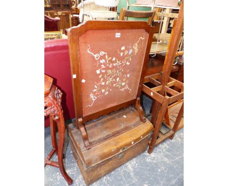 A FIRE SCREEN AND A TIN TRUNK.