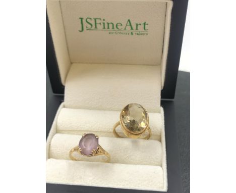 TWO VINTAGE 9ct GOLD FACET CUT GEMSET RINGS. FINGER SIZES L 1/2, AND O. GROSS WEIGHT 6.01grms.