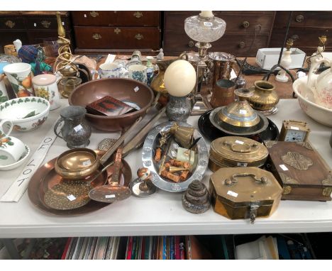 MIDDLE EASTERN BRASS AND COPPER WARES, AN ELECTROPLATE CANDLESTICK OIL LAMP, AN OSTRICH EGG, WOODEN BOTTLE STOPPERS, ETC.
