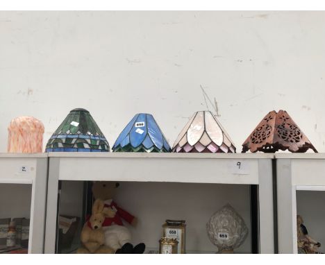 FIVE LEADED GLASS LIGHT SHADES, ANOTHER IN GLASS AND ONE IN PIERCED WOOD