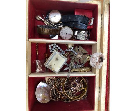 A COLLECTION OF ANTIQUE AND LATER COSTUME AND OTHER JEWELLERY TOGETHER WITH A SEKONDA AND A SMITHS WRIST WATCH, A LADIES WATC