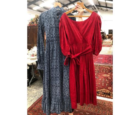 VINTAGE DRESSES. A LAURA ASHLEY PRINTED LINEN SIZE 12 MAXI DRESS, MADE IN WALES, AND A RED DAMASK MAXI LAURA ASHLEY COTTON DR