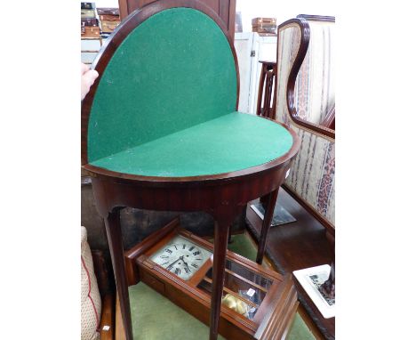 AN ANTIQUE MAHOGANY FOLD OVER CARD TABLE AND A LATER BRIDGE TABLE 