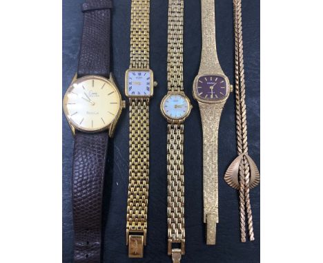 THREE LADIES WRISTWATCHES TO INCLUDE CITIZEN,ROTARY AND SEKONDA, A GENTS LIMIT WRISTWATCH, AND A GOLD PLATED NECKLACE. 