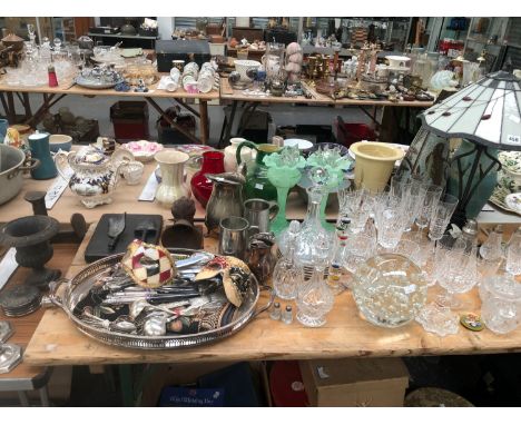 A TABLE LAMP, DRINKING GLASS, A PAIR OF BOHEMIAN GLASS LUSTRES, PAPERWEIGHTS, ELECTROPLATE CUTLERY, JUGS, ETC.