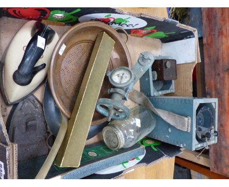 A VINTAGE MILITARY COMPASS, A SHIPS LOG DIAL, A VINTAGE IRON, COPPER WARES ETC.