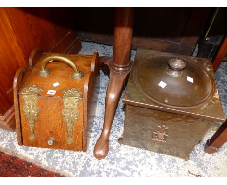 TWO ANTIQUE COAL BOXES AND A GREEN LEAD GLASS LIGHT SHADE.