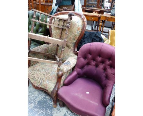 A LARGE VICTORIAN SHOW FRAME ARM CHAIR, TWO TUB ARMCHAIRS, A COMMODE CHAIR AND TWO OTHERS. 