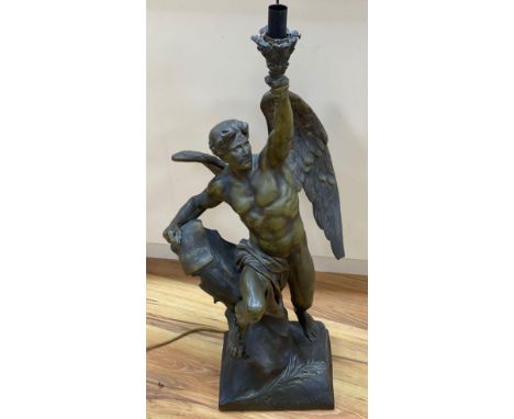 A bronzed finished lamp stem, 'Le Genie Humain', on rouge marble base, 90cmCONDITION: Lowest section of his left wing tip chi