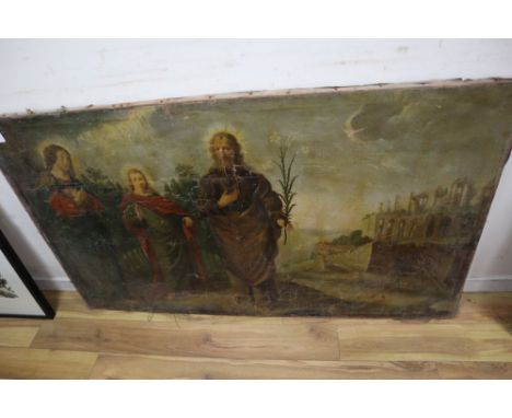 ??? 17th century Old Master, oil on canvas 'Holy family in a landscape with ruins', 97 x 165cmCONDITION: Oil on canvas which 