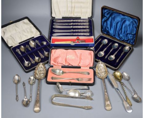 Small silver - 2 berry spoons, butter knife, ladle, feeder, christening spoon and fork, two cased sets, tongs and a silver gi
