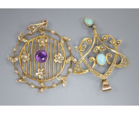 An Edwardian Art Nouveau yellow metal, white opal and seed pearl set drop pendant, 45mm gross 3.1 grams and a 9ct, amethyst a