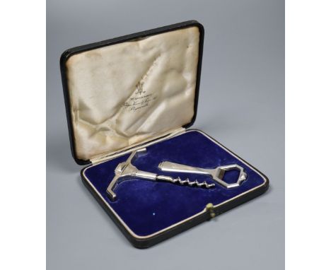 A cased Art Deco silver mounted corkscrew and bottle opener, Page, Keen &amp; Page, London, 1936, corkscrew 95mm, gross 119 g