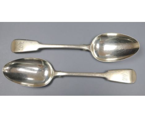 A pair of George III silver fiddle pattern table spoons by Paul Storr, London, 1815, 22cm, 5 oz.CONDITION: Engraved monogram 