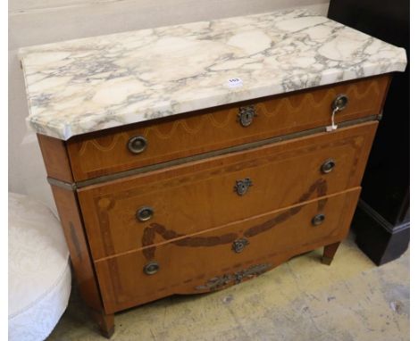 An early 20th century Continental marquetry inlaid walnut commode, with marble top, width 95cmCONDITION: Top a little dirty b