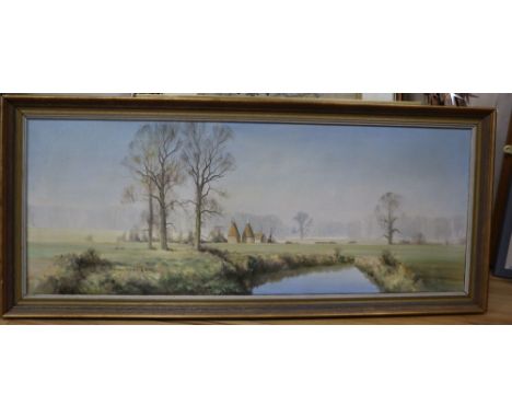Michael Morris, oil on canvas, Landscape with oast houses, signed, 35 x 91cmCONDITION: Possibly needs a light clean otherwise