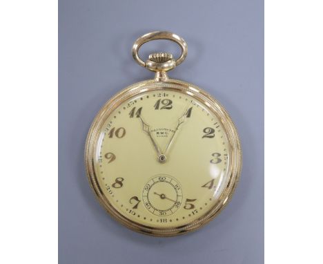 A 20th century 14k B.W.C. chronometer open face keyless pocket watch, with Arabic dial and subsidiary seconds, case diameter 