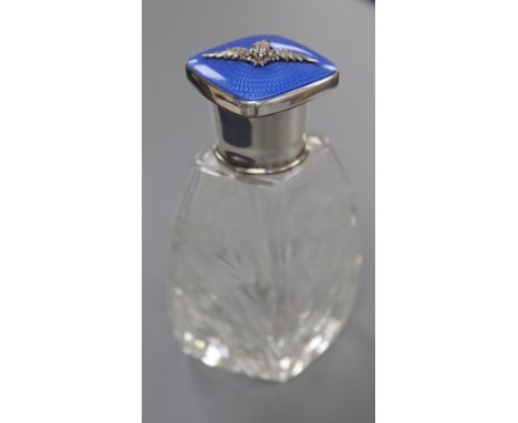 A George V silver and blue guilloche enamel mounted cut glass scent bottle, with R.A.F. applique, Birmingham, 1930, 10.8cmCON