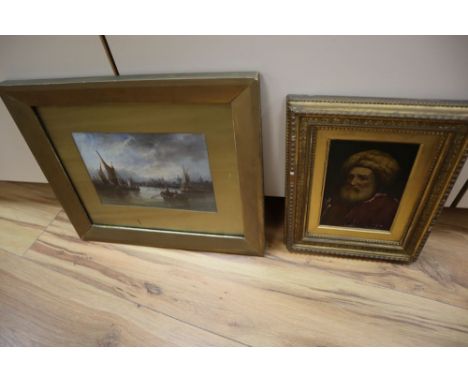 A 19th century Continental oil on board of a man wearing a turban and another oil on board of a river with shippingCONDITION:
