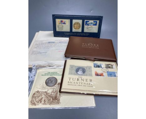Medallic First Day Covers and Stamps, comprising: The Turner Bicentenary (x 2), Apollo-Soyuz Space Mission and Railway Sesqui