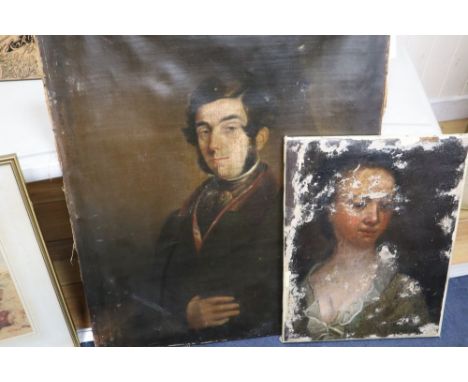 Victorian School, oil on canvas, Portrait of a gentleman, 76 x 63cm and an earlier distressed oil portrait of a lady, 48 x 37