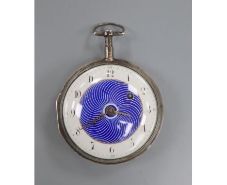 An early 19th century French? white metal pair cased(outer case missing) keywind verge pocket watch, the Arabic dial with ena