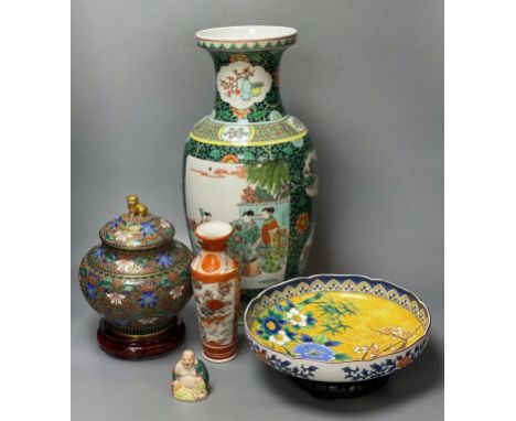 A Chinese cloisonne enamel jar and cover, 22cm a large Chinese famille verte vase, 47cm and three other itemsCONDITION: Good 