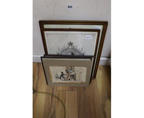 A collection of prints and engravings, including a caricature after George Moutard Woodward, 'An Unfortunate Union - or the O